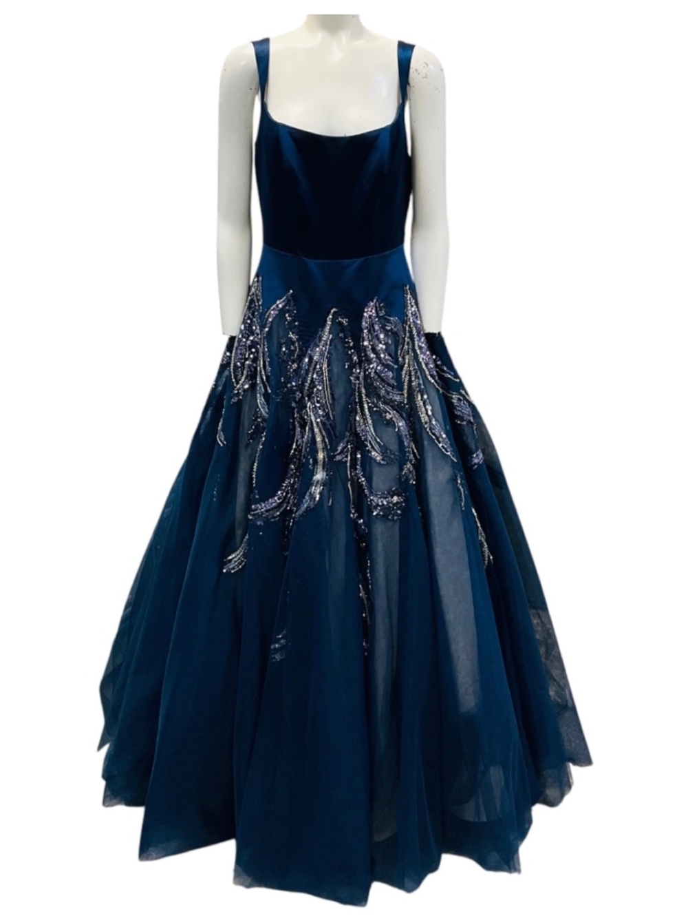MAC DUGGAL NAVY BLUE EMBELLISHED SATIN AND MESH TULLE GOWN
